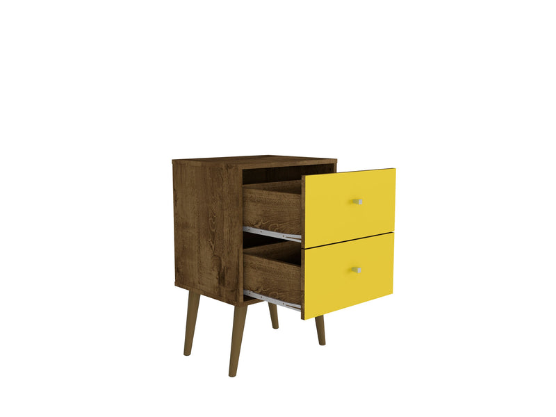 Manhattan Comfort Liberty Mid-Century Modern Nightstand with 2 Full Extension Drawers - Rustic Brown & Yellow
