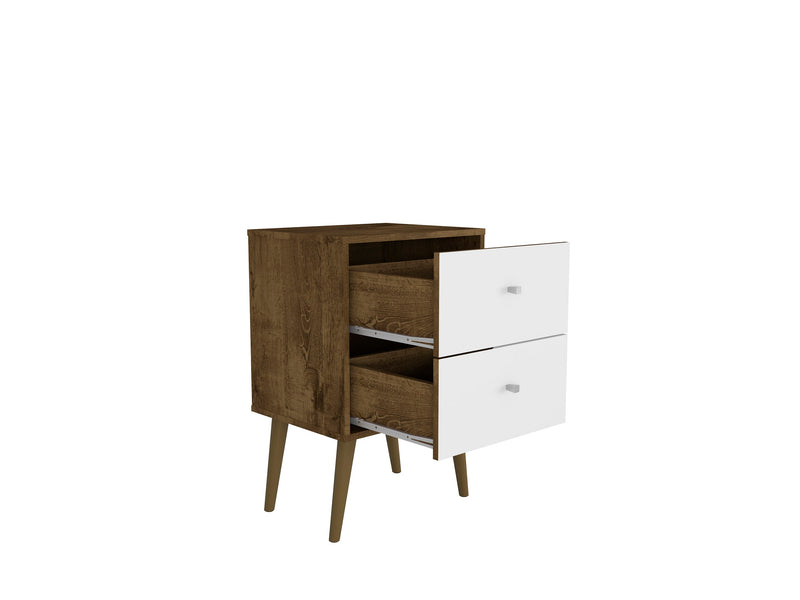 Manhattan Comfort Liberty Mid-Century Modern Nightstand with 2 Full Extension Drawers - Rustic Brown & White