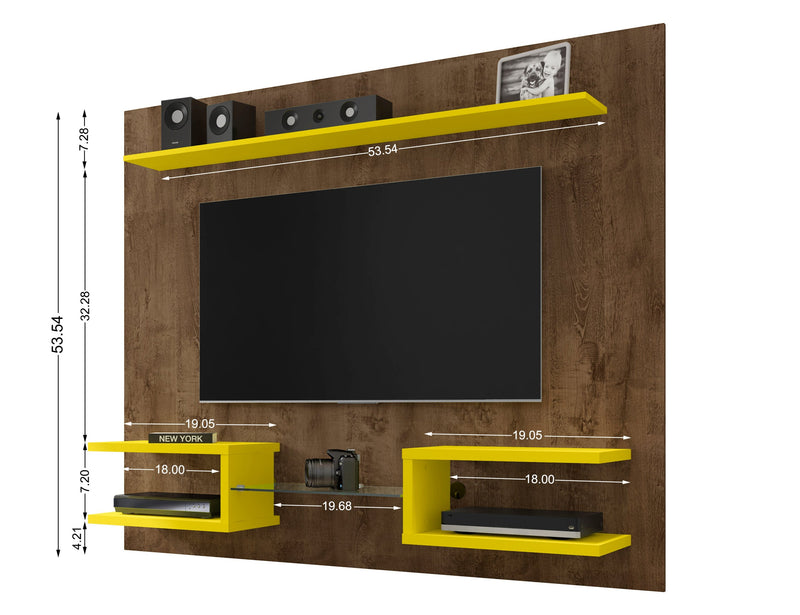 Manhattan Comfort Plaza 64.25\" Modern Floating Wall Entertainment Center with Display Shelves - Rustic Brown & Yellow