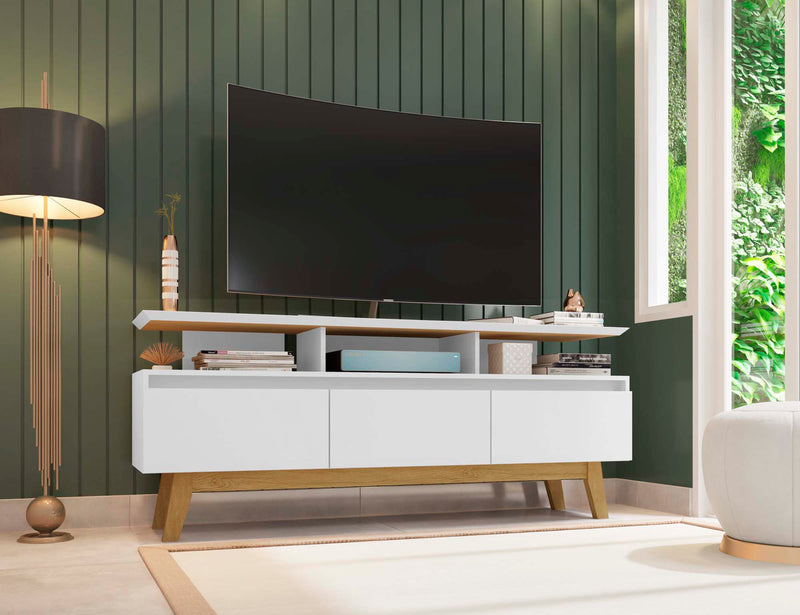 Manhattan Comfort Yonkers 62.99\" TV Stand with Solid Wood Legs & 6 Media Storage Compartments - White