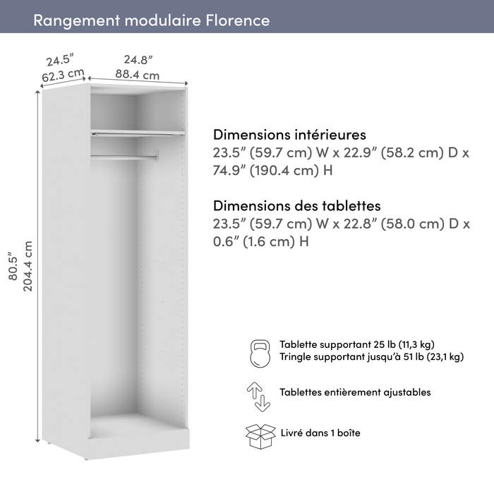 Bestar Florence 25\" Modular Hanging Closet System with LED Light and Shelf - White