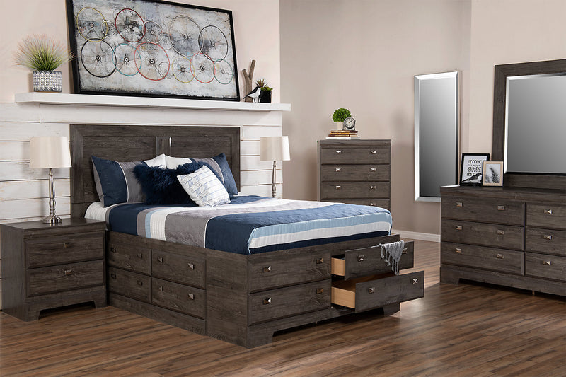 Yorkdale 12-Drawer Platform Bed with Headboard & Storage Frame, Made in Canada, Grey - Full Size