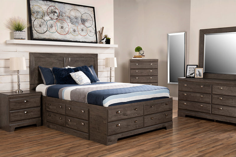 Yorkdale 6pc Bedroom Set with 12-Drawer Storage Bed, Dresser, Mirror & Nightstand, Grey - Queen Size