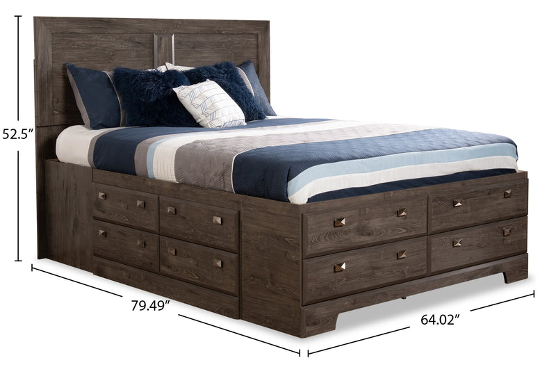 Yorkdale 12-Drawer Platform Bed with Headboard & Storage Frame, Made in Canada, Grey - Full Size