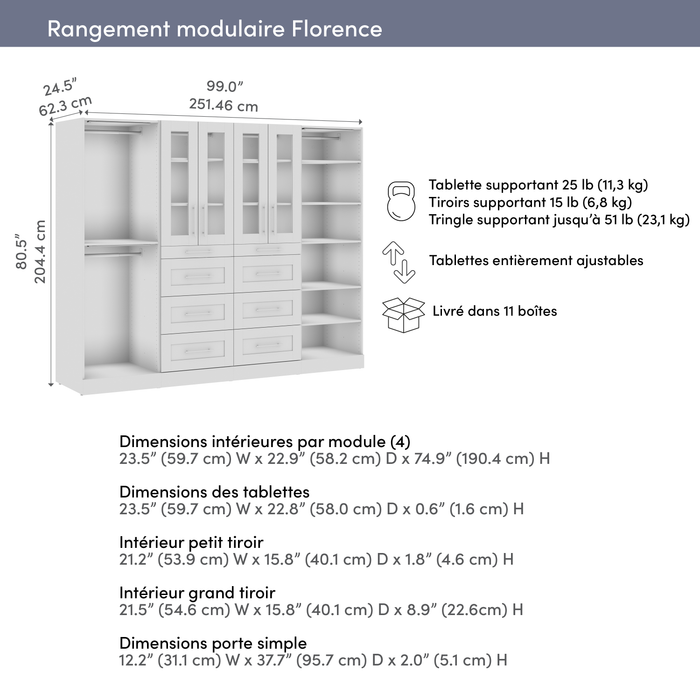 Bestar Florence 100\" Modular Walk-In Closet System with LED Lights, Rods, Shelves, Drawers and Doors Shaker Style - White