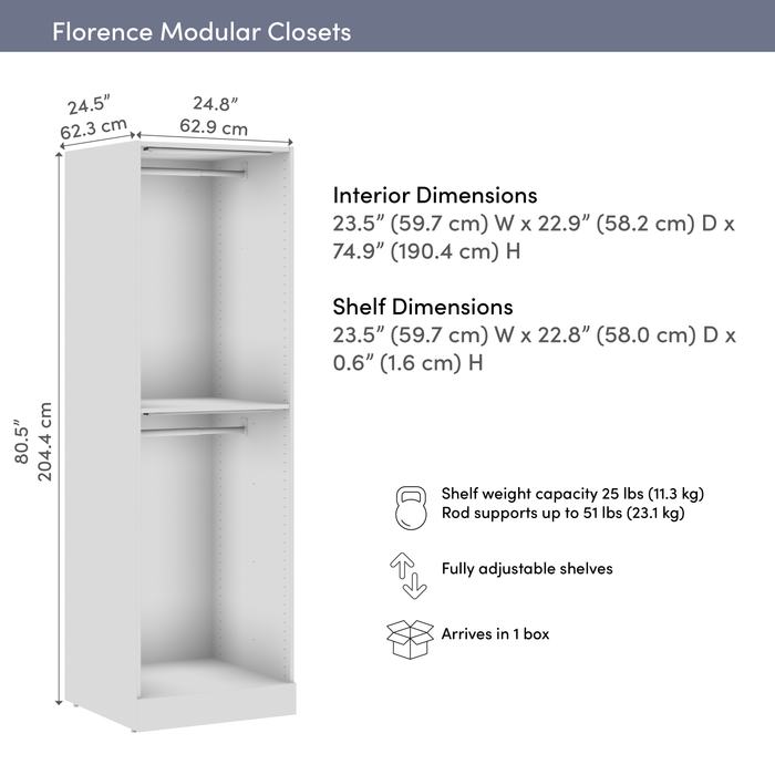 Bestar Florence 25\" Modular Double Hanging Closet System with LED Light - White