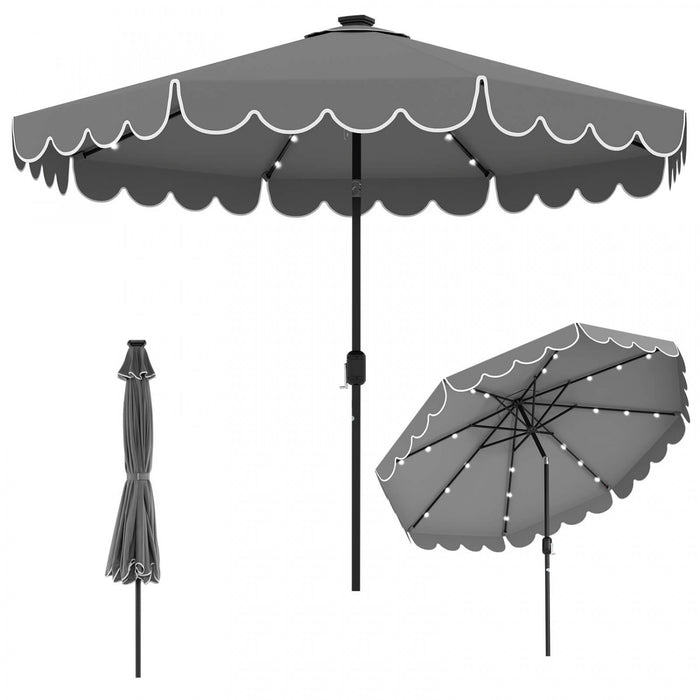 Costway 10 FT Solar Patio Umbrella with 24 LED Lights 8 Ribs & Tilt Adjustment Gray