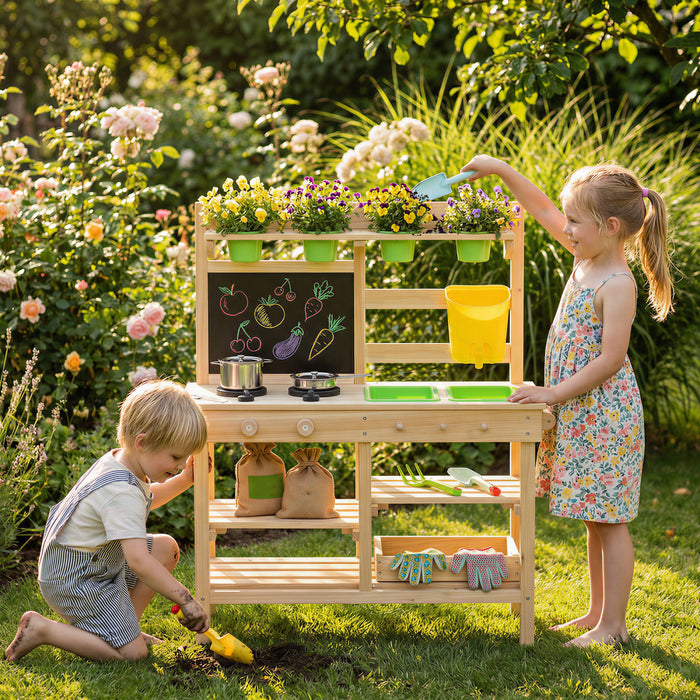 Qaba Kids Mud Kitchen, Outdoor Wooden Play Kitchen with Planter Box, Blackboard, Sink, Faucet, Stoves, Storage Shelves, Cooking Accessories & Gardening Tools for Girls Boys Age 3-6