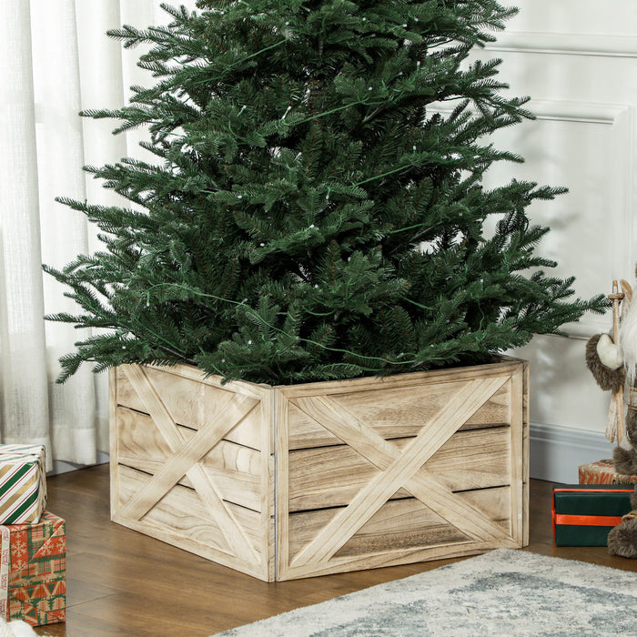 Homcom 24\" Wooden Christmas Tree Collar Box Light Distressed Wood Finish