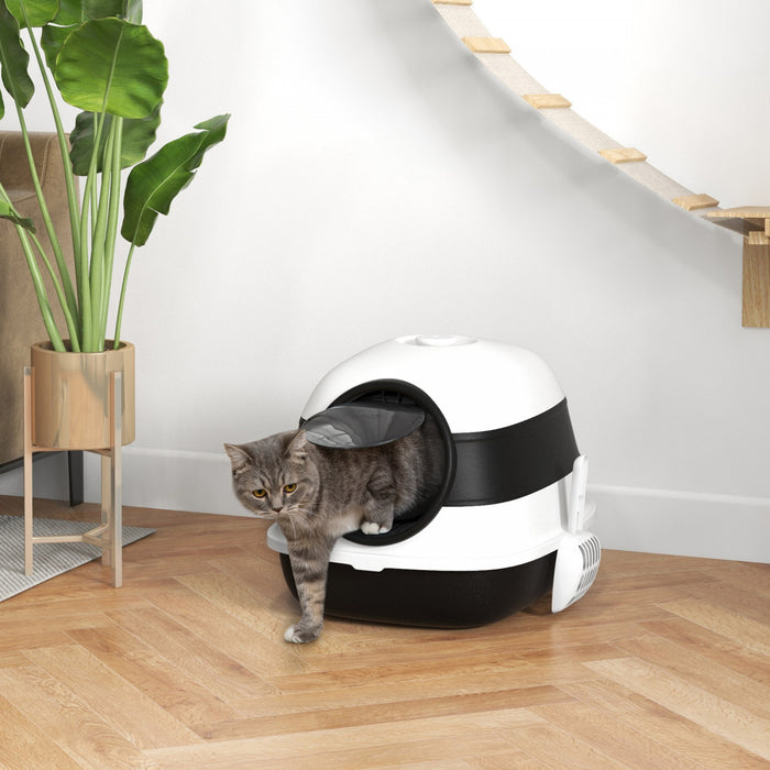 Pawhut Foldable Cat Litter Box With Lid, Covered Litter Box W/ High Sides, Air Freshener, Large Front Entry Cat Box, Easy Clean, White And Black
