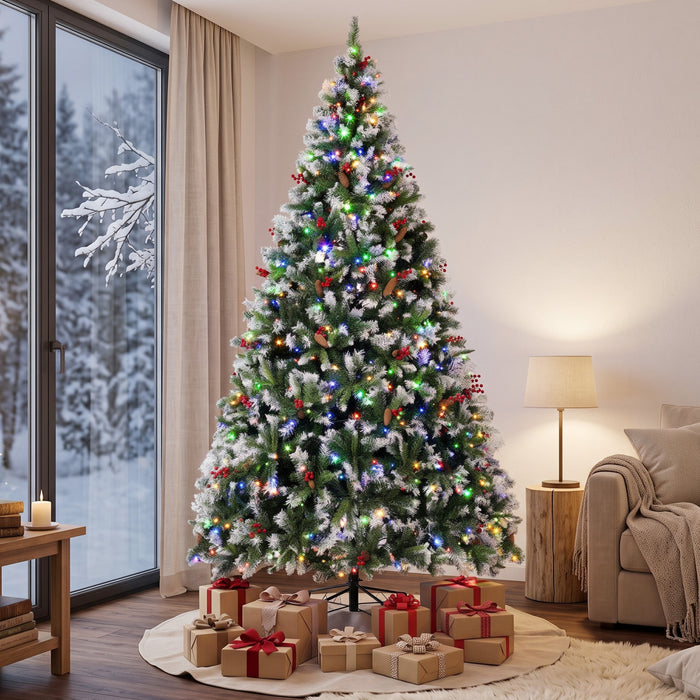 HOMCOM 9ft Flocked Prelit Christmas Tree Spruce, Dual Colour LEDs, Remote