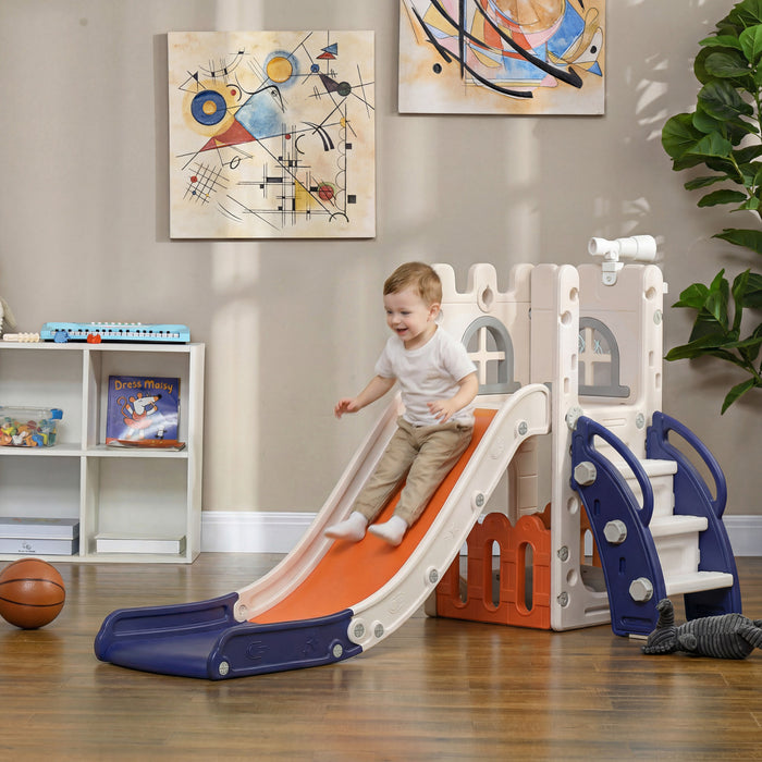 Qaba Toddler Slide, 5 in 1 Slide for Kids Aged 1-3 Years with Basketball Hoop, Climber, Telescope, Storage Basket, for Indoor Use, Orange