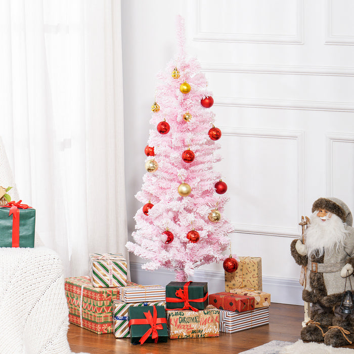 Homcom Snow Flocked Pencil Artificial Christmas Tree With Steel Base Pink