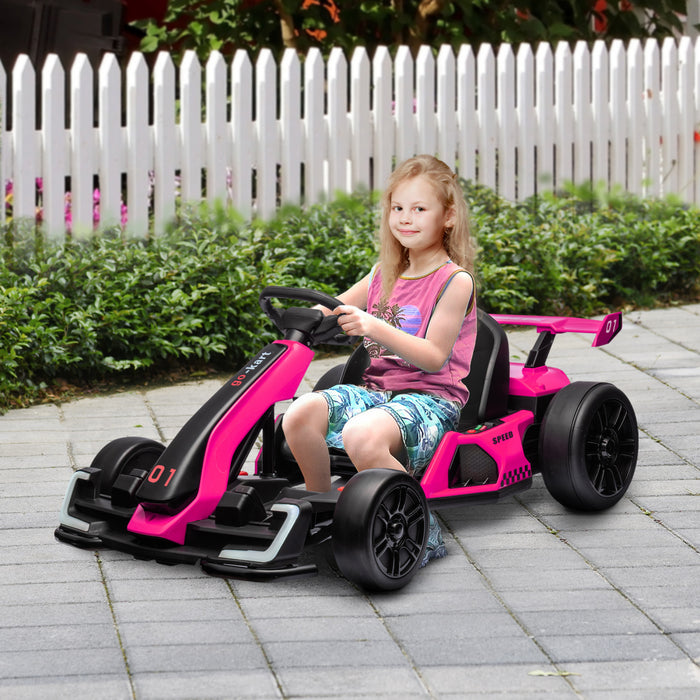 Aosom Go Kart, 24v Electric Kids Drift Kart With Adjustable Seat, Slow Start, Seat Belt, Horn, Music, Light, Battery Powered Ride On Cart For 6-12 Years Old, Pink