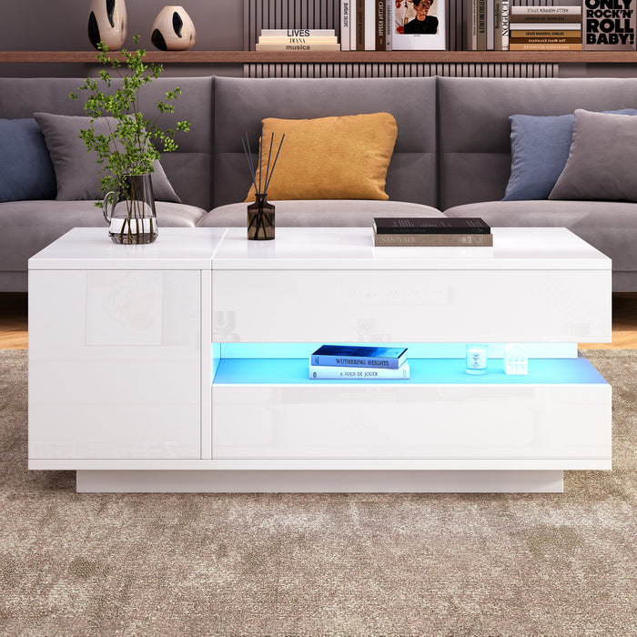 Oliver Height Adjustable Coffee Table with Drawer Cabinet LED Lighting and Storage,White