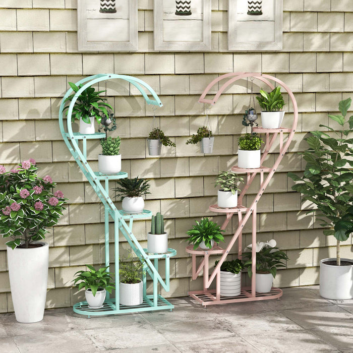 Costway 5 Tier Metal Plant Stand Heart-shaped Shelf With Hanging Hook For Multiple Plants Pink & Blue