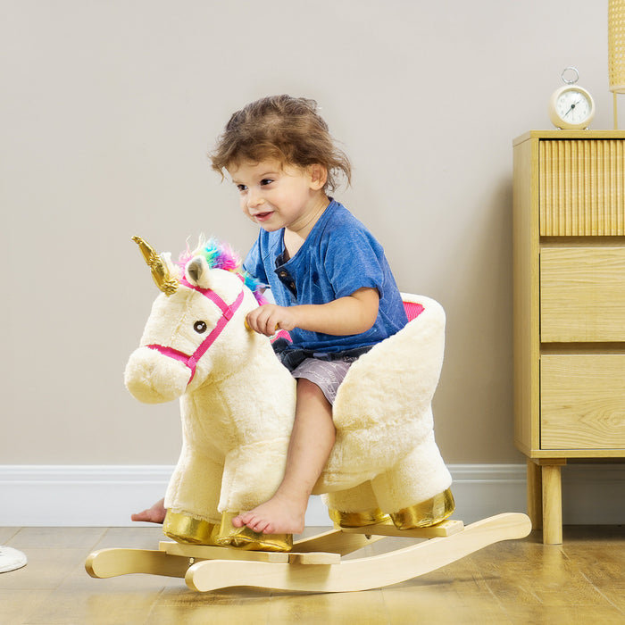 Qaba Baby Rocking Horse, Plush Animal Rocker For Toddlers Aged 18-36 Months, Stuffed Ride Toy With Sounds, Seat Belt, Cream White