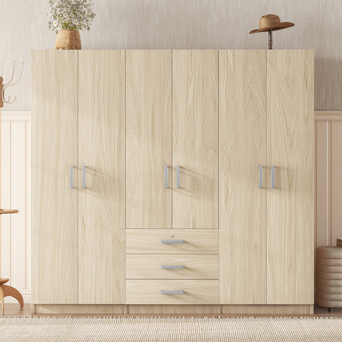 Peter 70.9\" 6-door Wooden Wardrobe With Drawers And Hanging Storage, Brown