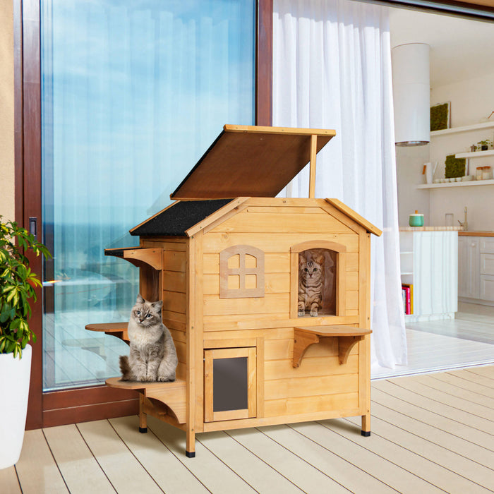 Pawhut Wood Outdoor Cat House 2-stories Catio For Cats With Indoor Lounge Space, Fun Entrances, Yellow