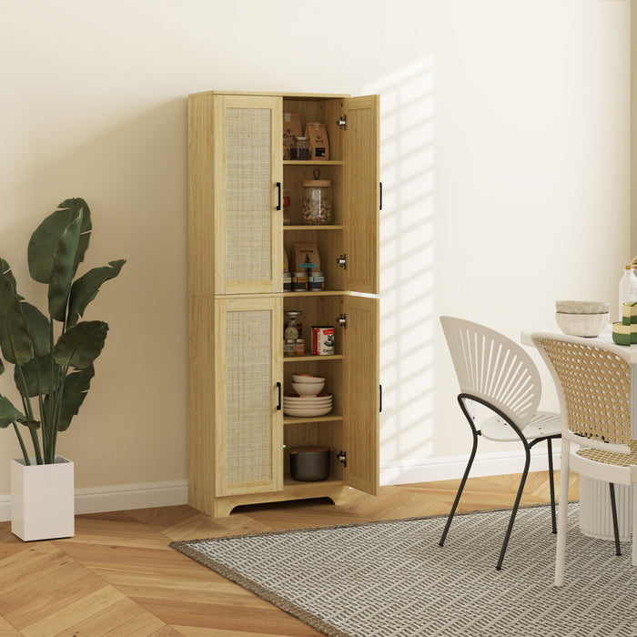 HOMCOM Kitchen Pantry with 4 Rattan Doors and Adjustable Shelves, Oak