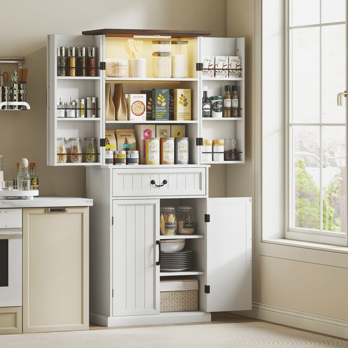 HOMCOM Farmhouse Kitchen Pantry Cabinet with Light, Storage Cabinet, White
