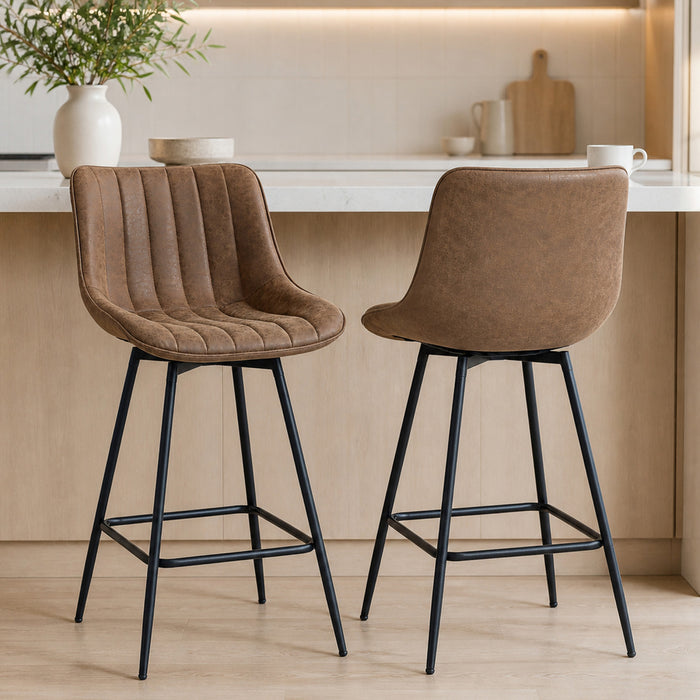 HOMCOM 27\" Bar Stools Set of 2, PU Leather Counter Height Barstools, Brown