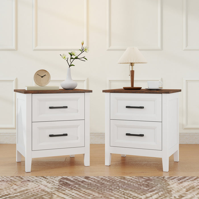 HOMCOM Farmhouse Nightstand Set of 2, Bedside Tables with 2 Drawers, White