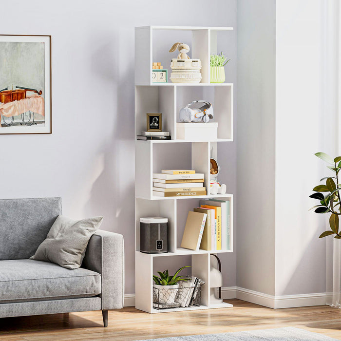 HOMCOM Geometric Bookcase, 5-Tier S Shaped Bookshelf, White