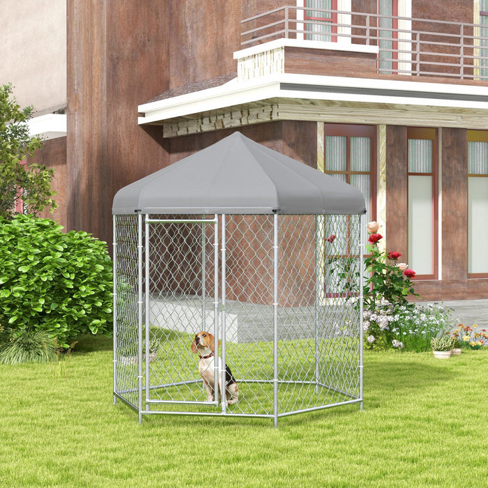Pawhut Outdoor Dog Kennel Dog Run With Waterproof, Uv Resistant Cover For Medium And Large Sized Dogs, 6.9' X 6.1' X 7', Silver
