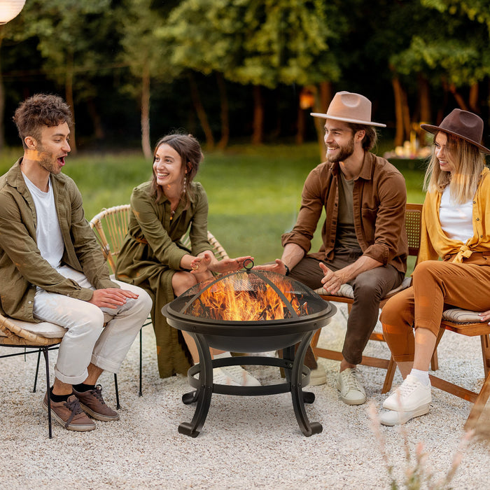 Outsunny Outdoor Fire Pit, Wood Burner With Screen And Poker, Black