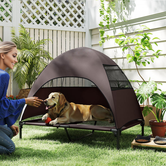 PawHut Outdoor Elevated Dog Bed with Canopy, Cooling Pet Lounger for Large Dogs, Washable Mesh, Steel Frame, Suitable for Camping & Garden, 41.7\" x 29.9\" x 39\",Coffee
