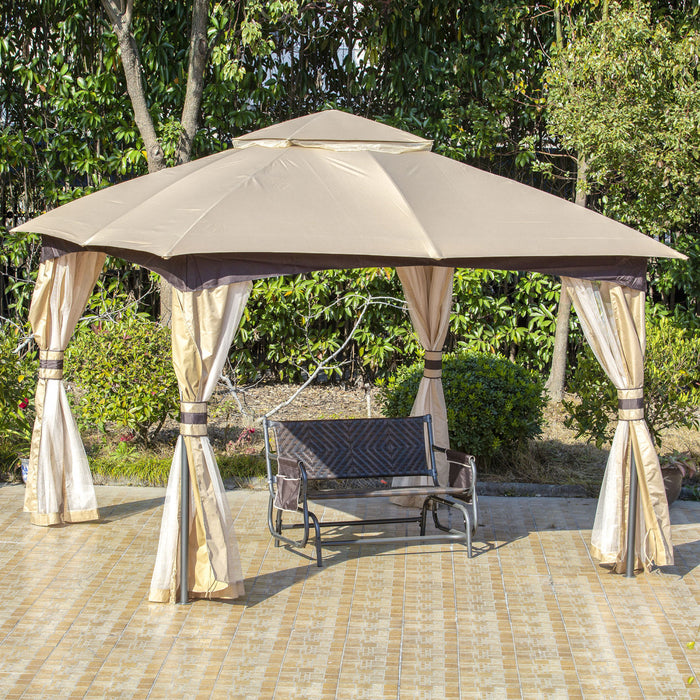 Outsunny 11' X 11' Steel Gazebo Canopy Party Tent Shelter With Double Roof, Netting Sidewalls, Corner Curtains, Beige