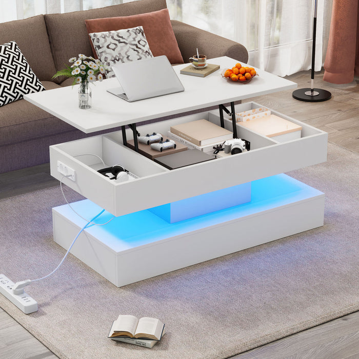 Flexi 39.9 Inch Hydraulic Lift-Top Coffee Table with LED Lighting and Hidden Storage, White