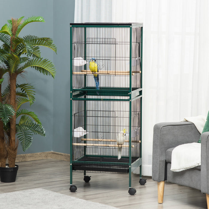 Pawhut 55.1\" 2 In 1 Bird Cage Aviary Parakeet House For Finches, Budgies With Wheels, Slide-out Trays, Wood Perch, Food Containers, Green