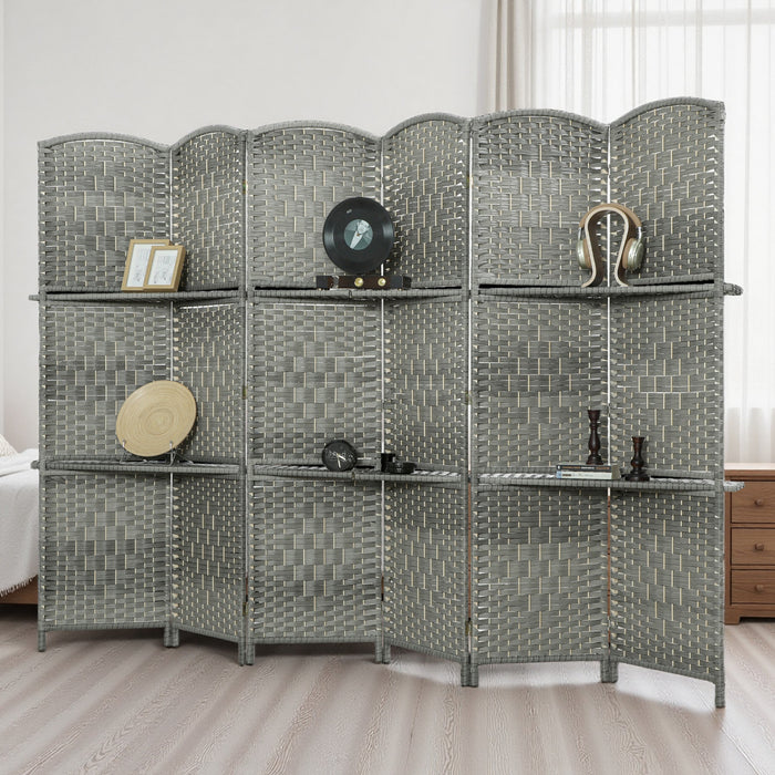 HOMCOM Folding Privacy Screen with Shelves, 6 Panel Room Divider, Grey