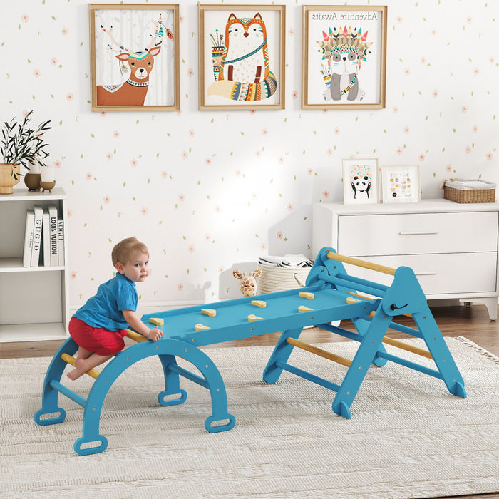 Qaba 7-in-1 Pikler Triangle Set, Foldable Wooden Climbing Toys with Arch, Ramp and Ladder, Montessori Indoor Playground Jungle Gyms for Toddlers 1-4 Years, Blue