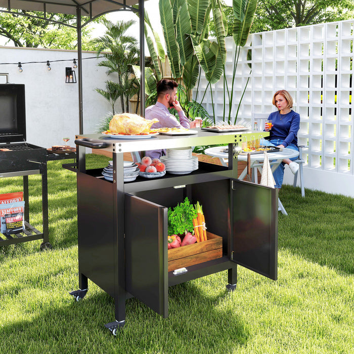 Outsunny Outdoor Grill Cart Table with Foldable Side Table, BBQ Grill Stand with Stainless Steel Top & Hooks, Mobile Pizza Oven Stand, 45.7\" x 19.7\", Black