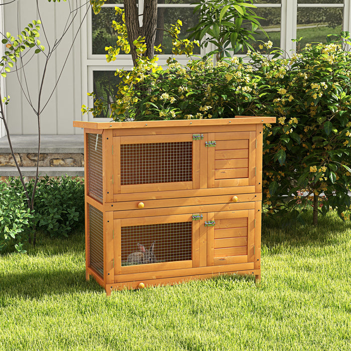 Pawhut Wooden Rabbit Hutch, 2-tier Outdoor Bunny House With Pull-out Trays, Rooms, Doors, For Backyard, Garden, Yellow