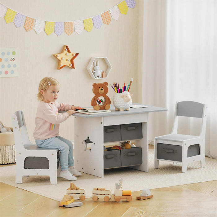 Qaba 3 Piece Kids Table and Chair Set, Toddler Table and Chairs Set with 6 Removable Drawers, for Ages 3-8, for Classroom, Living Room, Bedroom, Nursery, Playroom, Light Grey