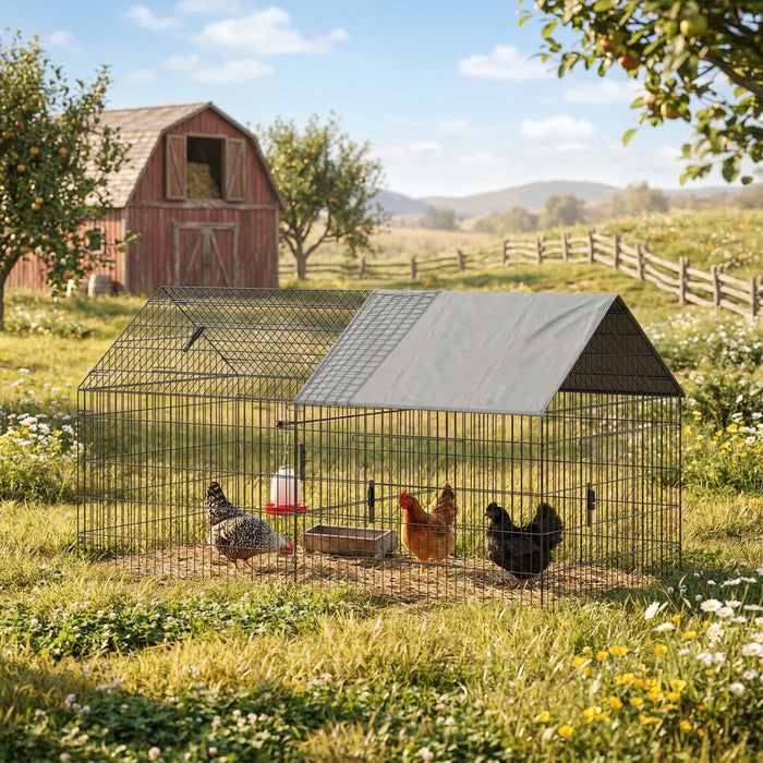 PawHut Metal Chicken Coop, 7' x 3.5' x 3.6' Large Chicken Run with Water-Resistant & Anti-UV Cover, Outdoor Poultry Cage with 4 Doors for 2-3 Hens, Rabbits, Ducks, Geese