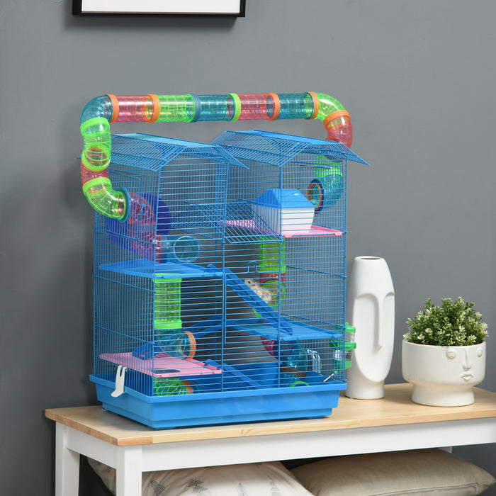 Pawhut 18.5\" Hamster Cage, 5 Tiers Small Animal Cage With Tunnel Tube System, Water Bottle, Exercise Wheel, Ramp, Food Dish - Blue