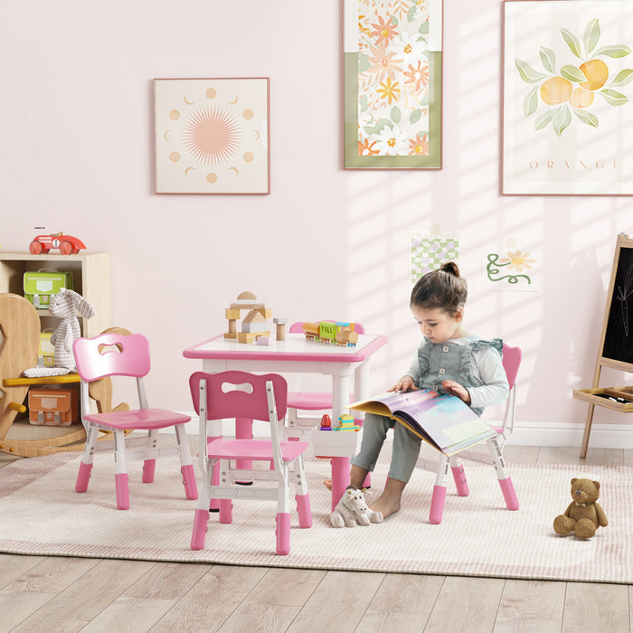 Qaba 5 Pieces Kids Table And Chair Set, Height Adjustable Toddler Table And Chair Set, Activity Table And Chair Set With Storage, For Playroom, Nursery, Classroom, Pink
