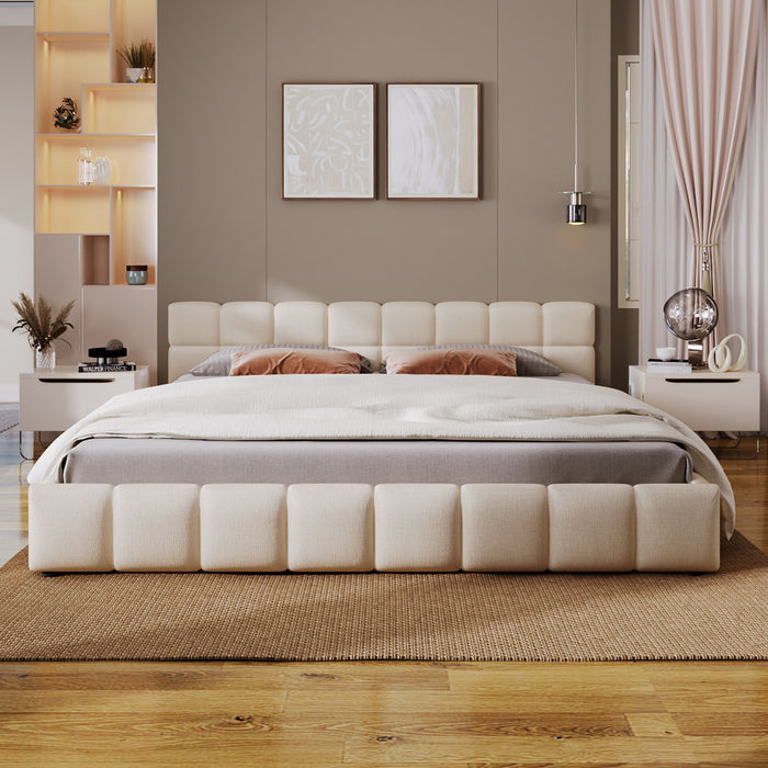 Eleanor Elegant Chenille Upholstered Bed with Checkerboard Design,King Size,Beige King Bed