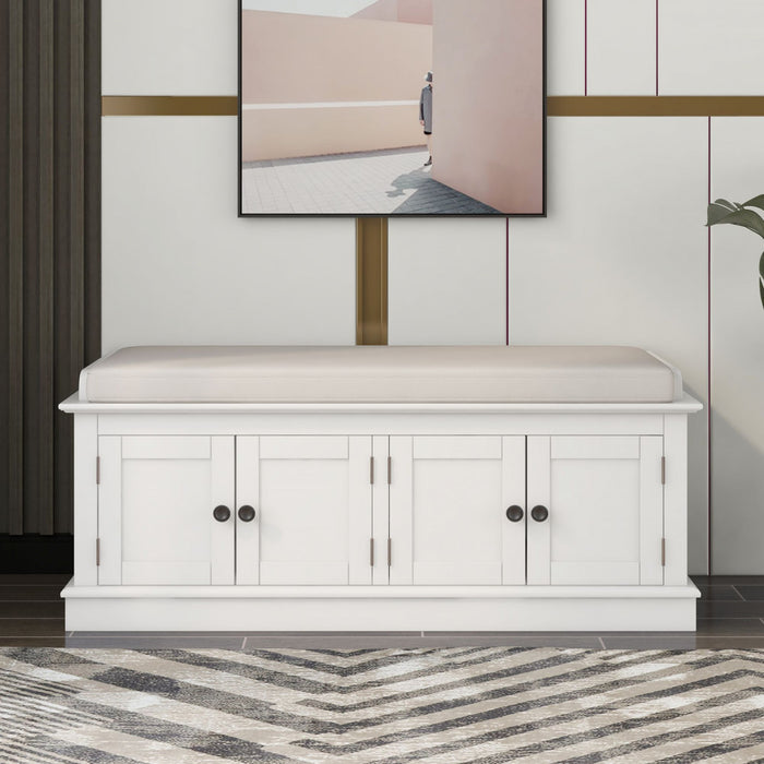 Daniel Solid Wood Storage Bench With 4-door Shoe Cabinet With Adjustable Shelves - White