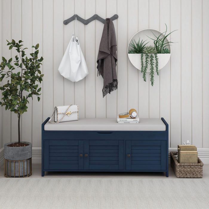 Olivia Pine Wood Storage Bench With 3-door Shoe Cabinet With Hidden Compartment - Antique Navy