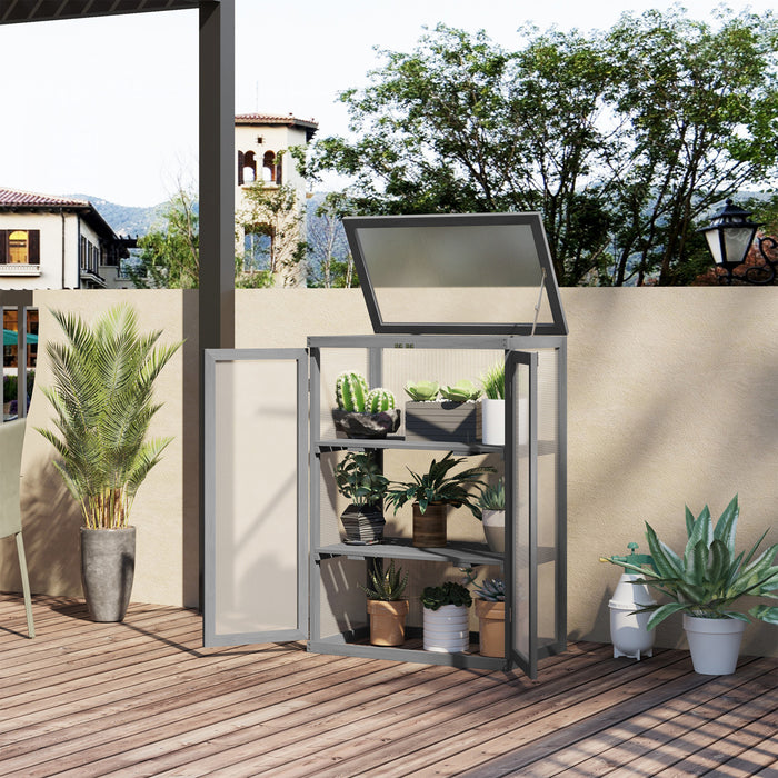 Outsunny Wooden 2 Tier Cold Frame Greenhouse Polycarbonate Plant Grow House Portable Garden, Dark Gray
