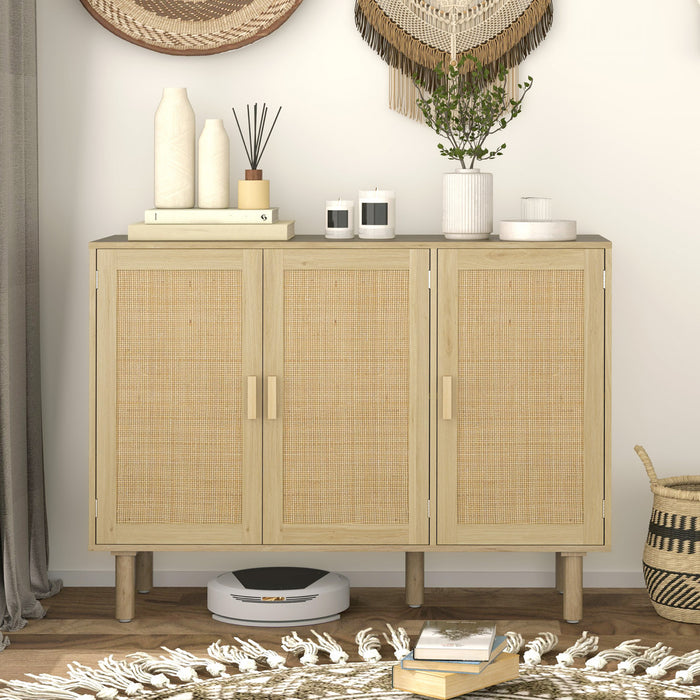 HOMCOM Bohemian Sideboard with 3 Rattan Doors and Shelves Oak