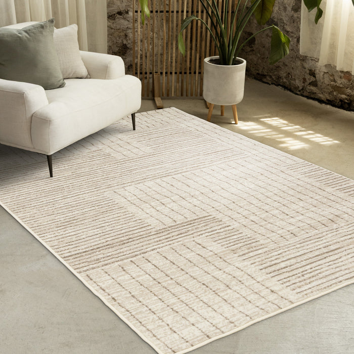 Florence Brown Cream Geometric Linework Design Rug, 6'7\" x 9'6\" Indoor Area Rug