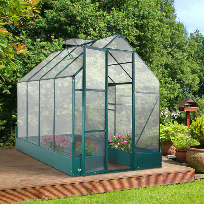 Outsunny 8.2' X 6.2' Upgraded Greenhouse With Temperature Controlled Window, Raised Garden Bed And Foundation, Walk-in Outdoor Plant Garden Green House With Aluminum Alloy Frame