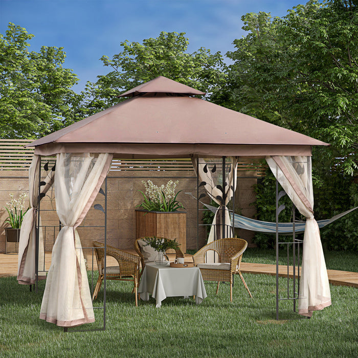 Outsunny 10'x10' Gazebo Canopy Outdoor Patio Sun Shelter Uv Protect W/ 2-tier Polyester Roof Curtain Sidewalls And Steel Frame Brown